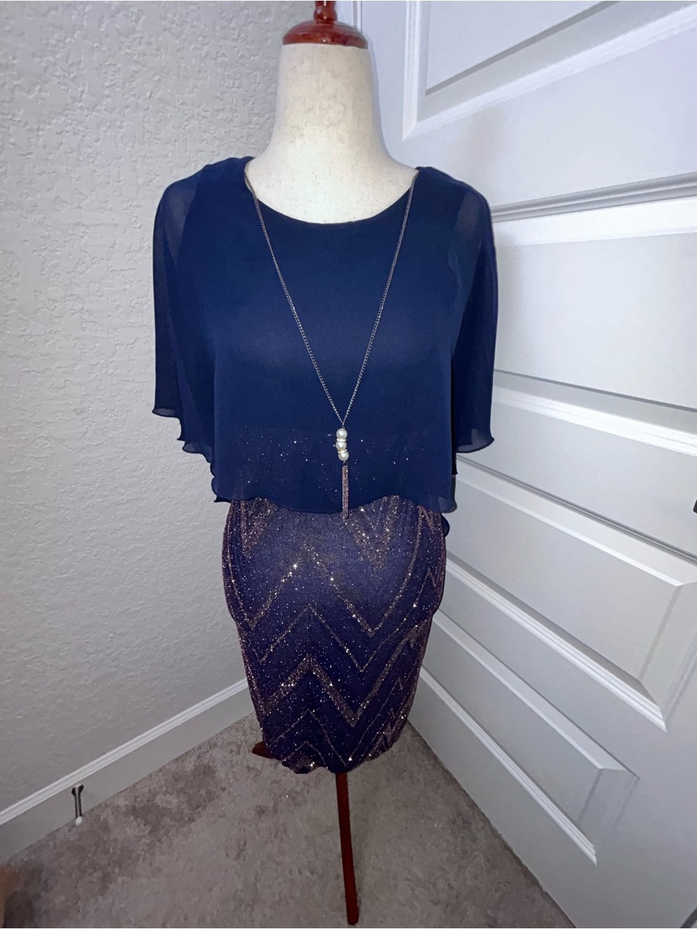 Enfocus Studio Chevron Glitter Sheer Cape Draped Attached Necklace Dress